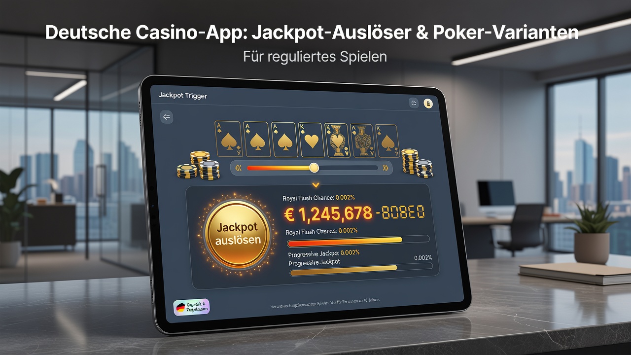Darstellung einer mobilen Casino-App mit integrierten Jackpot- und Poker-Funktionen im regulierten Umfeld