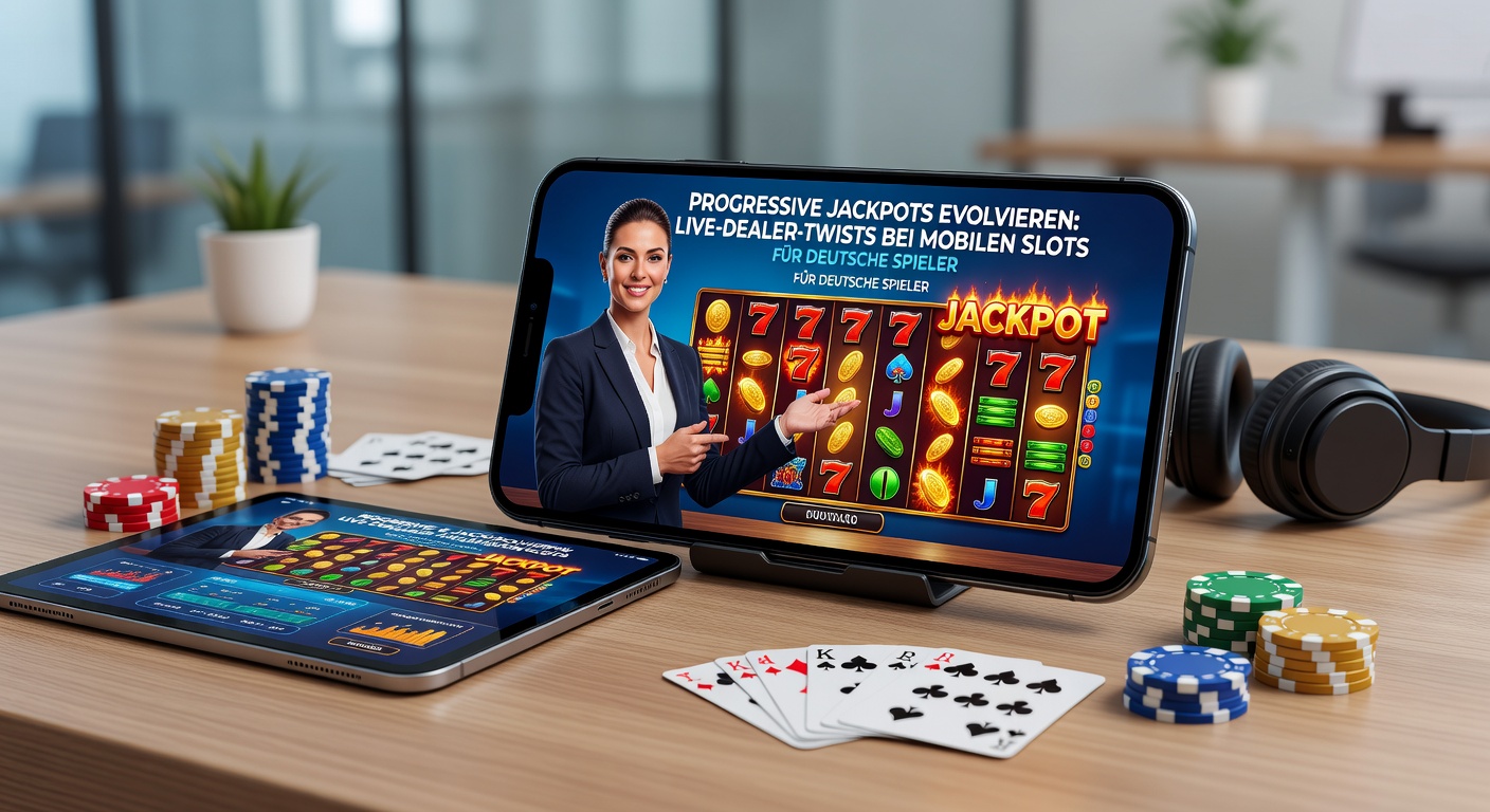 Live-Dealer an einem Tisch mit Slot-Elementen auf einem Tablet, umgeben von progressiven Jackpot-Anzeigen und mobilen Geräten